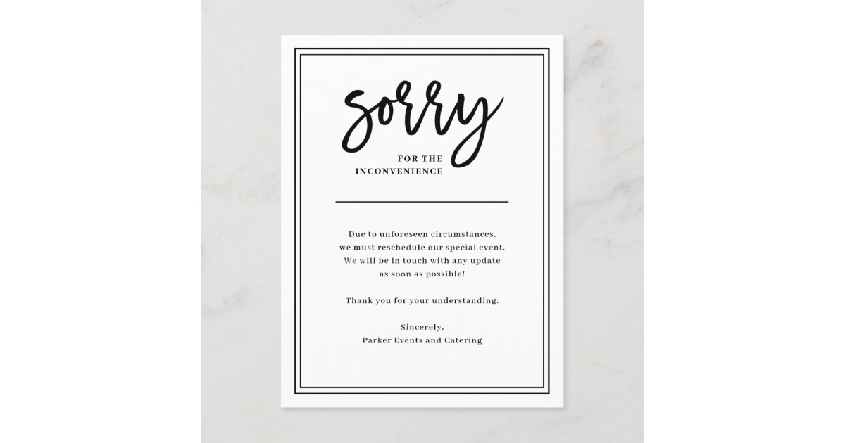 Entschuldigung für Unannehmlichkeiten Annullierun Ankündigungspostkarte Zazzle.de