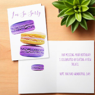 Entschuldigung lila Macaron-Kekse verspäteter Gebu Karte