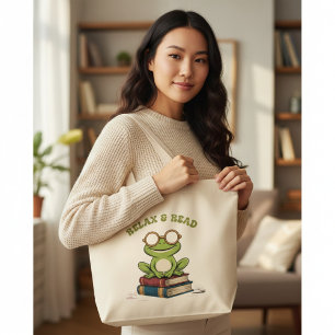 Entspanne dich & Lies Süßer Frosch auf Büchern   L Jumbo Stoffbeutel