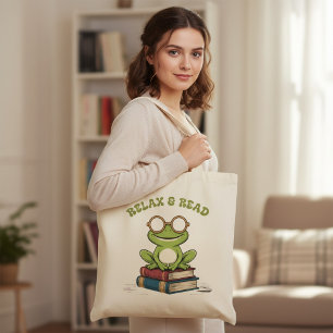 Entspanne dich & Lies Süßer Frosch auf Büchern L Tragetasche