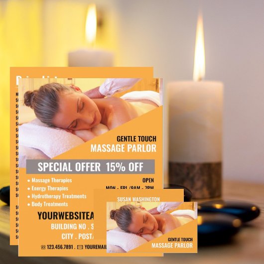 Entspannende Massage, Massagetherapie, Massageraum Flyer