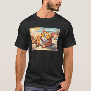 Entspannte Katze am Strand mit Sonnenbrille für Ka T-Shirt
