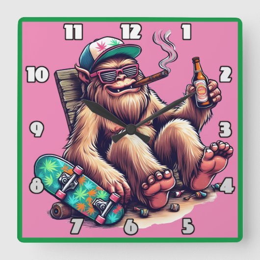 Entspannte Kreatur, die ein Party auf einem Skateb Quadratische Wanduhr (Vorderseite)