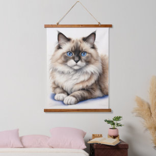 Entspannte Ragdoll Katze Illustration Gemütliches Wandteppich Mit Holzrahmen