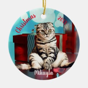 Entspannte Scottish Fold Katze Weihnachten Keramik Ornament