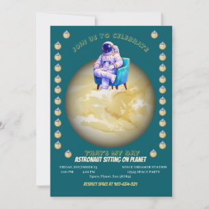 Entspannter Astronaut sitzt auf einem Planeten Einladung