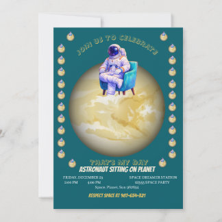 Entspannter Astronaut sitzt auf einem Planeten Einladung