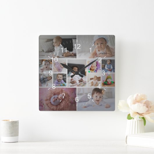 Entwerfen Sie Ihre eigene 13 FotoCollage Quadratische Wanduhr (Zuhause)