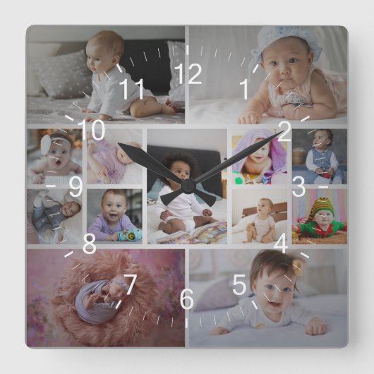 Entwerfen Sie Ihre eigene 13 FotoCollage Quadratische Wanduhr (Vorderseite)