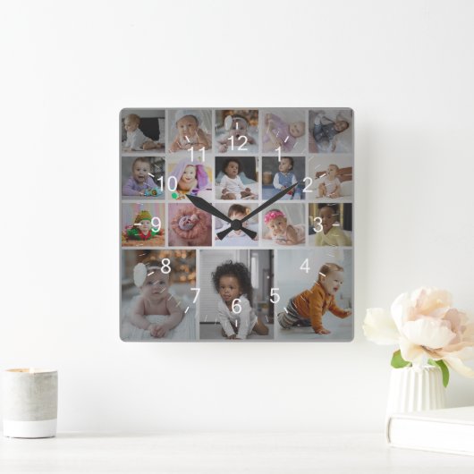 Entwerfen Sie Ihre eigene 18 FotoCollage Quadratische Wanduhr (Zuhause)