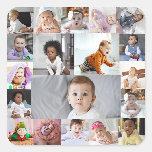 Entwerfen Sie Ihre eigene 19 FotoCollage Quadratischer Aufkleber (Vorderseite)
