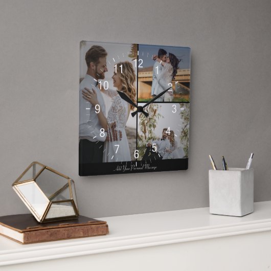 Entwerfen Sie Ihre eigene 3 FotoCollage Quadratische Wanduhr (Büro)