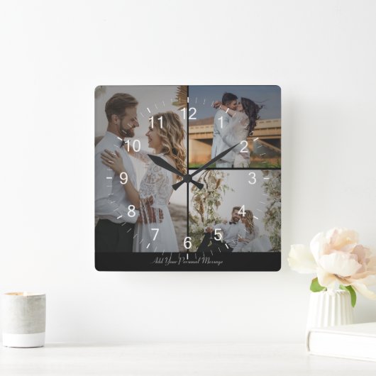 Entwerfen Sie Ihre eigene 3 FotoCollage Quadratische Wanduhr (Zuhause)