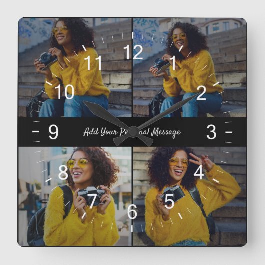 Entwerfen Sie Ihre eigene 4-FotoCollage Quadratische Wanduhr (Vorderseite)