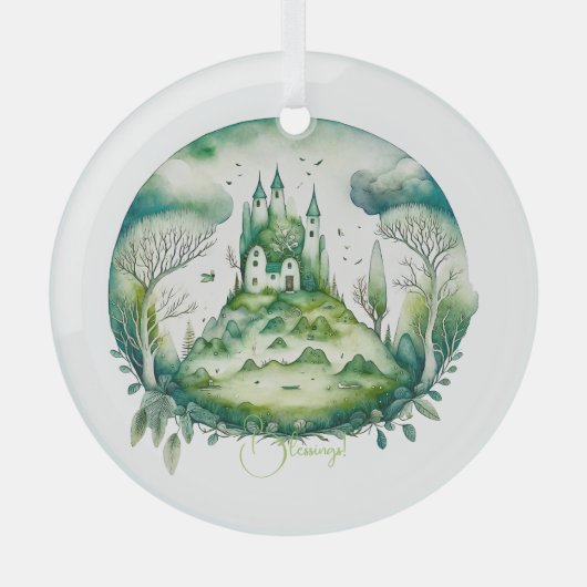 Entwerfen Sie Ihre eigene grüne Fantasy Castle Lan Ornament Aus Glas (Vorderseite)