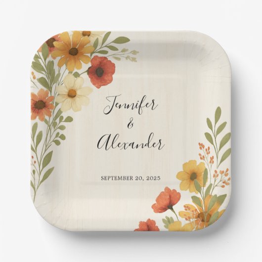 Entwerfen Sie Ihre eigene rustikale Blumenhochzeit Pappteller (Vorderseite)