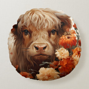 Entwurf einer floralen Highland Cow-Serie 1 Rundes Kissen