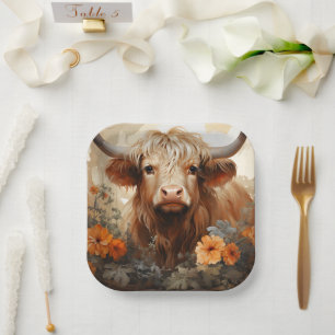 Entwurf einer floralen Highland Cow-Serie 2 Pappteller
