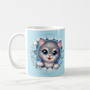 Entzückende 3D-Katze, die durch florales Wanddesig Kaffeetasse