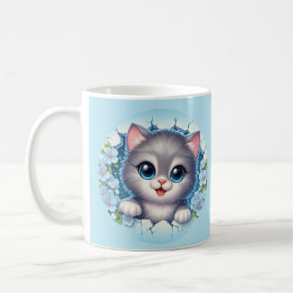 Entzückende 3D-Katze, die durch florales Wanddesig Kaffeetasse