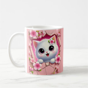 Entzückende 3D-Katze, die durch florales Wanddesig Kaffeetasse