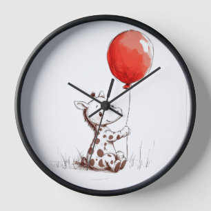 Entzückende Babygiraffe mit roter Ballon-Wanduhr Uhr