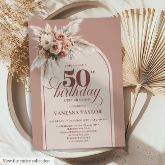 Entzückende Boho Dusty Rose Pampas Florale 50.  Einladung