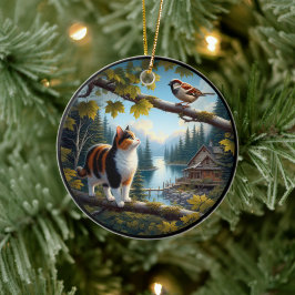 Entzückende Dreifarbenkatze im ländlichen Szenario Keramik Ornament