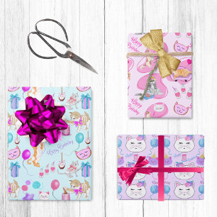 Entzückende Geburtstagskatzen feiern Geschenkpapier Set
