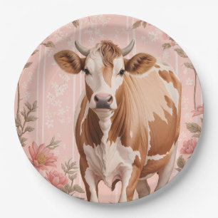 Entzückende Jersey-Kuh Rosa Blumenmuster Pappteller