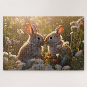 Entzückende Kaninchen im Frühlingswiesen-Design Puzzle