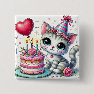 Entzückende Katze feiert Geburtstag mit Kuchen Button