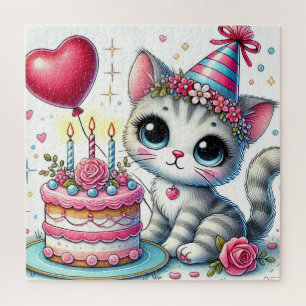 Entzückende Katze feiert Geburtstag mit Kuchen Puzzle