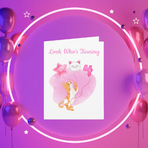 Entzückende Katze mit 4. Geburtstagsballons Karte