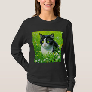 Entzückende Katze sitzt auf einem Feld mit Gänsebl T-Shirt