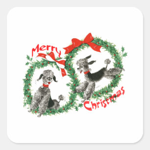 Entzückende Retro Weihnachtspudel-Kranz-Gewohnhei Quadratischer Aufkleber