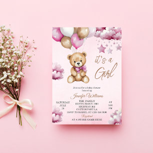 Entzückende rosa Ballons Teddy Mädchen Baby-Party Einladung
