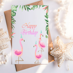 Entzückende rosa Flamingos tropische Blätter Karte