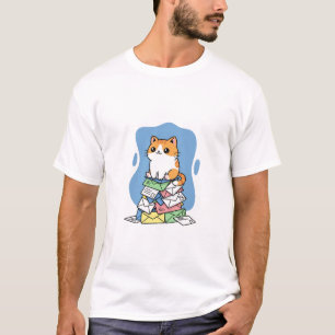 Entzückende rote Katze sitzt auf einem Stapel farb T-Shirt