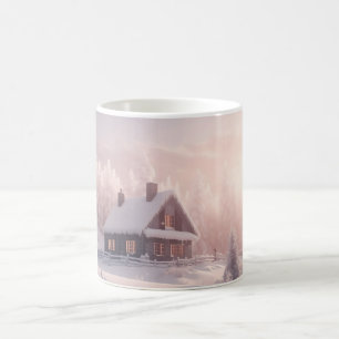 Entzückende schneebedeckte Holzhütte in einem Wald Kaffeetasse