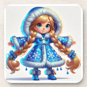 Entzückende Schneemädchen im blauen Mantel Getränkeuntersetzer