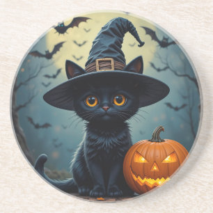 Entzückende schwarze Katze mit Hexenhut Getränkeuntersetzer