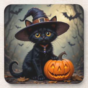 Entzückende schwarze Katze mit Hexenhut Getränkeuntersetzer