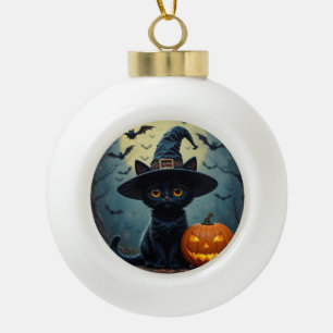 Entzückende schwarze Katze mit Hexenhut Keramik Kugel-Ornament