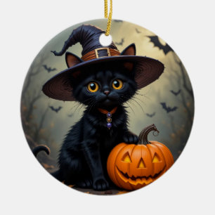 Entzückende schwarze Katze mit Hexenhut Keramik Ornament