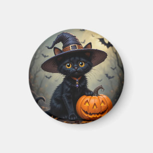 Entzückende schwarze Katze mit Hexenhut Magnet