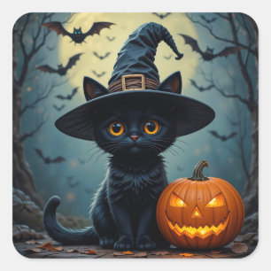 Entzückende schwarze Katze mit Hexenhut Quadratischer Aufkleber