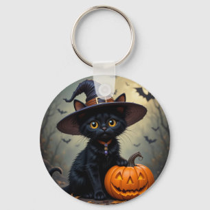 Entzückende schwarze Katze mit Hexenhut Schlüsselanhänger