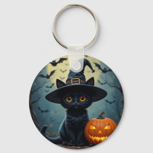 Entzückende schwarze Katze mit Hexenhut Schlüsselanhänger