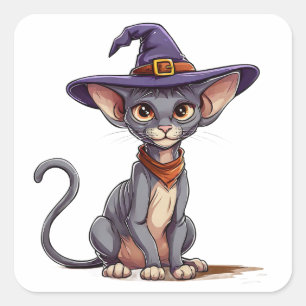 Entzückende Sphynx-Katze in Hexenhut Quadratischer Aufkleber